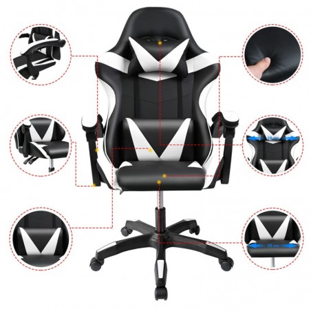 Silla Gaming Ergonómica Reclinable con Cojín Lumbar y Cervical - Altura Ajustable y Reposabrazos Acolchados