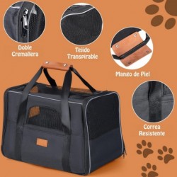 Transportin Perros y Gatos. Bolsa de Transporte Viaje Transpirable Mascotas. Bolso con colchón. Tres Puertas. Bolsa