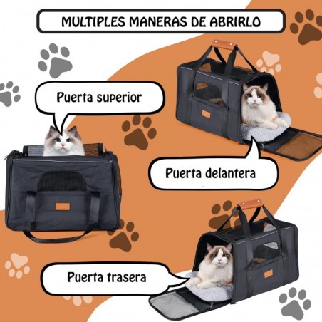 Transportin Perros y Gatos. Bolsa de Transporte Viaje Transpirable Mascotas. Bolso con colchón. Tres Puertas. Bolsa