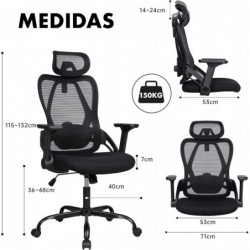 Silla Ergonómica de Oficina con Respaldo Transpirable y Apoyo Lumbar | Reposacabezas Ajustable, Reposabrazos Regulables