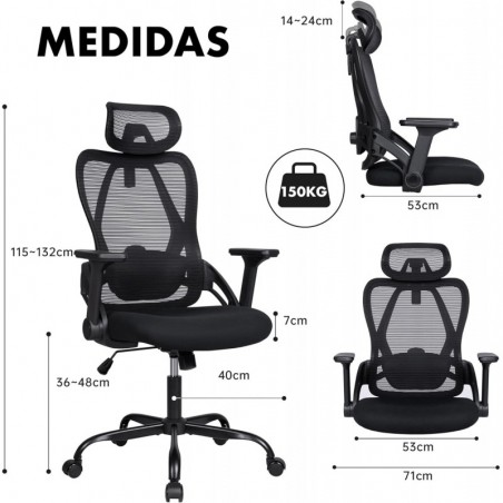 Silla de Oficina Ergonómica con Respaldo Transpirable y Apoyo Lumbar - Reposacabezas Ajustable y Reposabrazos Regulables