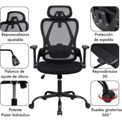 Silla Ergonómica de Oficina con Respaldo Transpirable y Apoyo Lumbar | Reposacabezas Ajustable, Reposabrazos Regulables