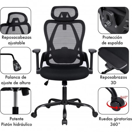 Silla de Oficina Ergonómica con Respaldo Transpirable y Apoyo Lumbar - Reposacabezas Ajustable y Reposabrazos Regulables