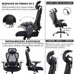 Silla Ergonómica de Oficina con Respaldo Transpirable y Apoyo Lumbar | Reposacabezas Ajustable, Reposabrazos Regulables