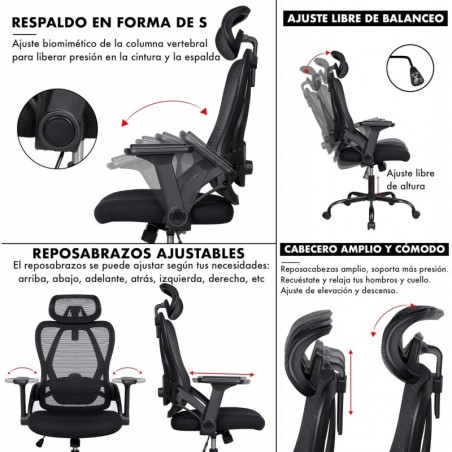 Silla de Oficina Ergonómica con Respaldo Transpirable y Apoyo Lumbar - Reposacabezas Ajustable y Reposabrazos Regulables