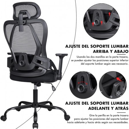 Silla de Oficina Ergonómica con Respaldo Transpirable y Apoyo Lumbar - Reposacabezas Ajustable y Reposabrazos Regulables