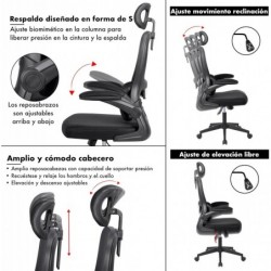 Silla de oficina ergonómica con respaldo de malla transpirable y reposacabezas ajustable | Asiento acolchado, cómodo