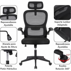Silla de oficina ergonómica con respaldo de malla transpirable y reposacabezas ajustable | Asiento acolchado, cómodo