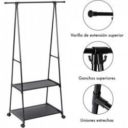 Perchero burro con barra extensible, estantería y zapatero | Organizador de ropa con ruedas y freno Estructura metálica