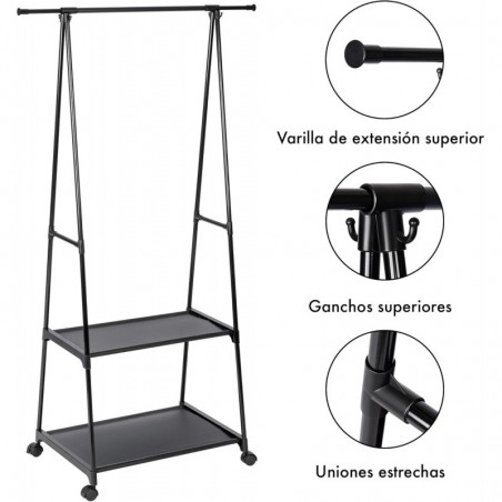 Perchero Burro con Barra Extensible, Estantería y Zapatero - Organizador de Ropa Metálico con Ruedas y Freno