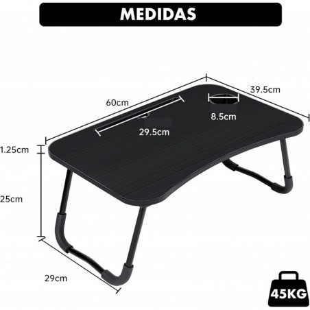 Mesa Plegable Auxiliar Portátil 60x40 cm con Altura Ajustable y Portavasos - Mesita para Cama, Sofá y Ordenador