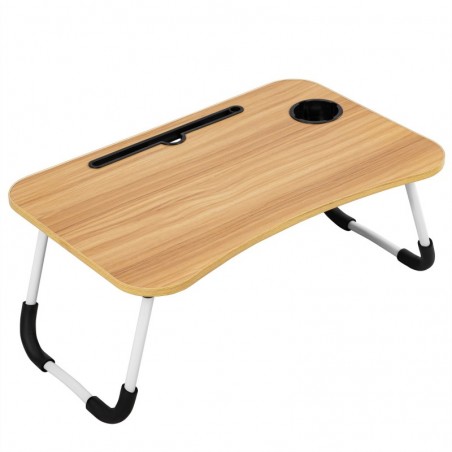 Mesa Plegable Auxiliar Portátil 60x40 cm con Altura Ajustable y Portavasos - Mesita para Cama, Sofá y Ordenador
