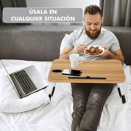 Mesa Plegable Auxiliar Portátil 60x40 cm con Altura Ajustable y Portavasos - Mesita para Cama, Sofá y Ordenador