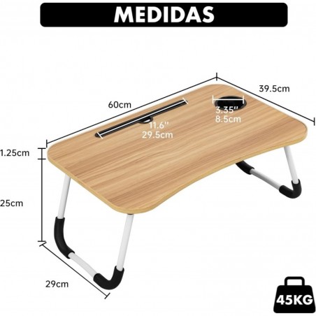Mesa Plegable Auxiliar Portátil 60x40 cm con Altura Ajustable y Portavasos - Mesita para Cama, Sofá y Ordenador