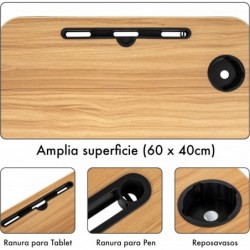 Mesa Plegable Auxiliar Portátil 60x40 cm con Altura Ajustable y Portavasos - Mesita para Cama, Sofá y Ordenador