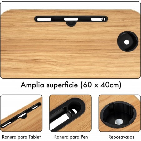 Mesa Plegable Auxiliar Portátil 60x40 cm con Altura Ajustable y Portavasos - Mesita para Cama, Sofá y Ordenador