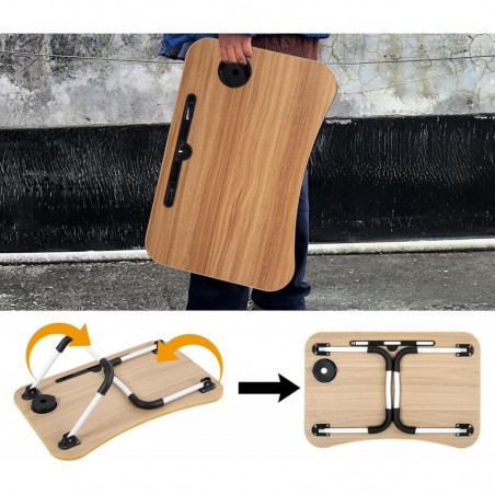Mesa Plegable Auxiliar Portátil 60x40 cm con Altura Ajustable y Portavasos - Mesita para Cama, Sofá y Ordenador