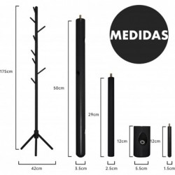 Perchero De Pie Madera de Haya Negro Con 8 Ganchos Estilo Árbol Minimalista | Colgador Ropa Sombreros Bolsos Entrada