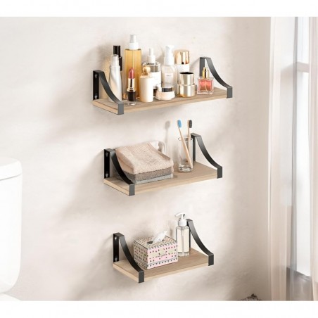 Baldas Pared Madera Natural T-LOVENDO - Juego 3 Estantes Flotantes con Soportes Metálicos