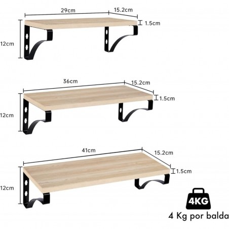 Baldas Pared Madera Natural T-LOVENDO - Juego 3 Estantes Flotantes con Soportes Metálicos