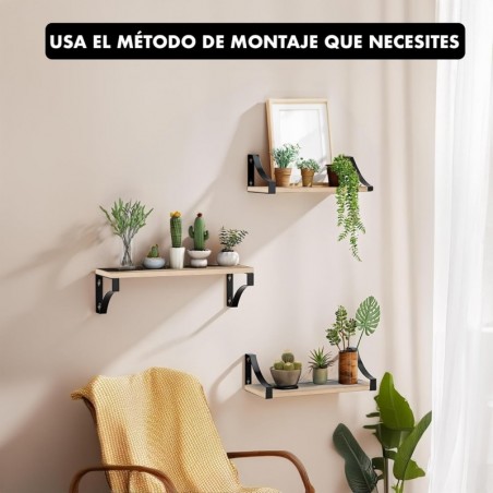 Baldas Pared Madera Natural T-LOVENDO - Juego 3 Estantes Flotantes con Soportes Metálicos