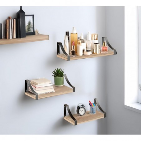 Baldas Pared Madera Natural T-LOVENDO - Juego 3 Estantes Flotantes con Soportes Metálicos