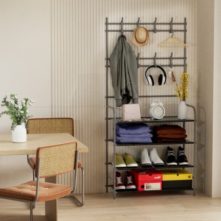 Perchero y Zapatero 2 en 1 con 8 Ganchos Dobles y 4 Baldas - Mueble para Entrada y Recibidor 60x26x152 cm