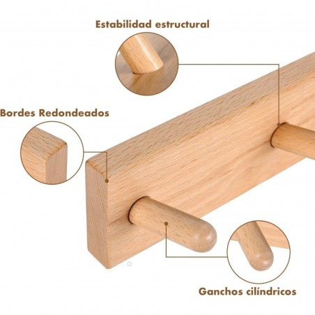 Pack de 2 Percheros de Pared de Madera Maciza con 5 Ganchos - Colgador para Recibidor, Entrada y Dormitorio