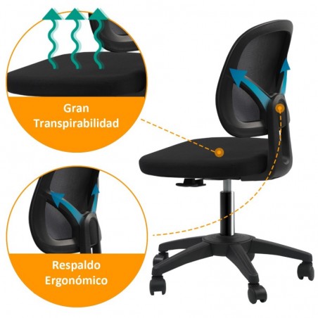 Silla de Oficina Ergonómica sin Reposabrazos con Malla Transpirable y Soporte Lumbar - Juvenil para Escritorio