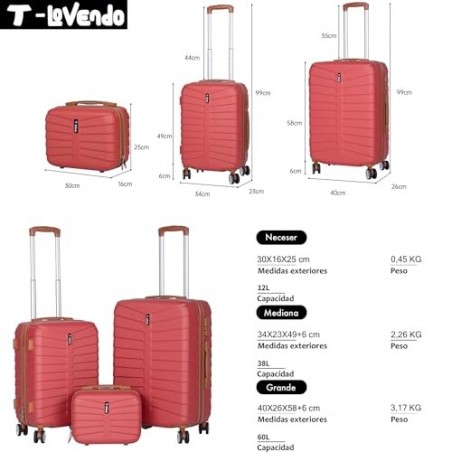 Juego 3 Maletas Viaje T-LOVENDO ABS Rígidas Set Trolley con 4 Ruedas Dobles - Cabina 55cm Mediana y Neceser con Cerradura