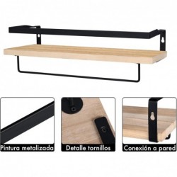 Baldas Pared, Estantes de Pared, Juego de 2, Flotante, de Madera, 42 cm, Marco de Metal, Colgante, con Toallero, Barra