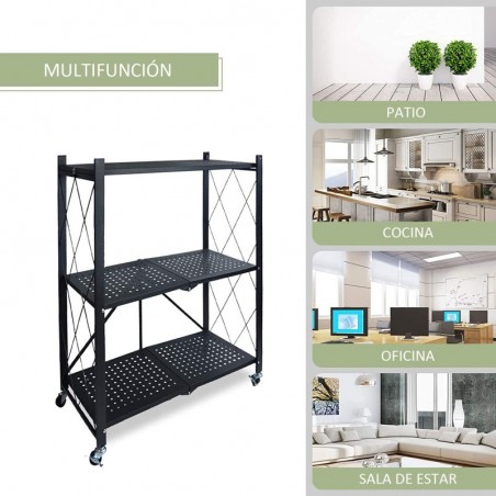 Estantería Plegable Metálica con Ruedas y Estantes Perforados - Mueble Organizador Portátil y Resistente y Estructura Reforzada