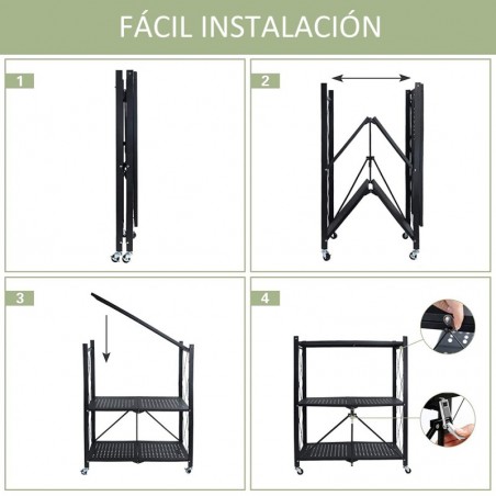 Estantería Plegable Metálica con Ruedas y Estantes Perforados - Mueble Organizador Portátil y Resistente y Estructura Reforzada