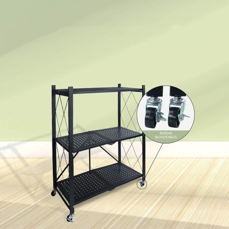 Estantería Plegable Metálica con Ruedas y Estantes Perforados - Mueble Organizador Portátil y Resistente y Estructura Reforzada