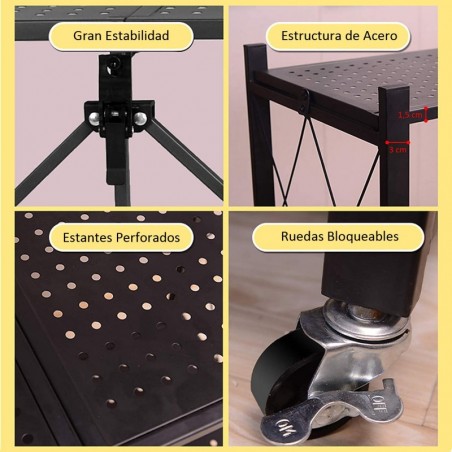 Estantería Plegable Metálica con Ruedas y Estantes Perforados - Mueble Organizador Portátil y Resistente y Estructura Reforzada