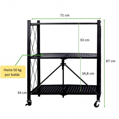 Estantería Plegable Metálica con Ruedas y Estantes Perforados - Mueble Organizador Portátil y Resistente y Estructura Reforzada