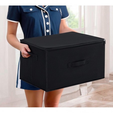 Caja de Almacenamiento Plegable con Tapa y Cremallera 40L - Cesta Organizador de Tela con 2 Asas para Mantas y Ropa