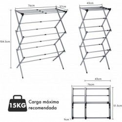 Tendedero Plegable Vertical Extensible T-LOVENDO 43-75 cm - 6 Niveles con 11 Barras Metálicas Robusto, Antideslizante y Compacto