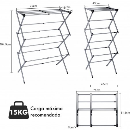 Tendedero Plegable Vertical Extensible T-LOVENDO 43-75 cm - 6 Niveles con 11 Barras Metálicas Robusto, Antideslizante y Compacto