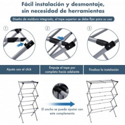 Tendedero Plegable Vertical Extensible T-LOVENDO 43-75 cm - 6 Niveles con 11 Barras Metálicas Robusto, Antideslizante y Compacto