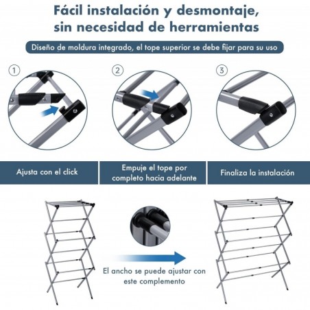 Tendedero Plegable Vertical Extensible T-LOVENDO 43-75 cm - 6 Niveles con 11 Barras Metálicas Robusto, Antideslizante y Compacto