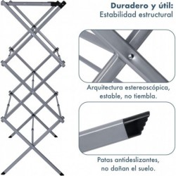 Tendedero Plegable Vertical Extensible T-LOVENDO 43-75 cm - 6 Niveles con 11 Barras Metálicas Robusto, Antideslizante y Compacto