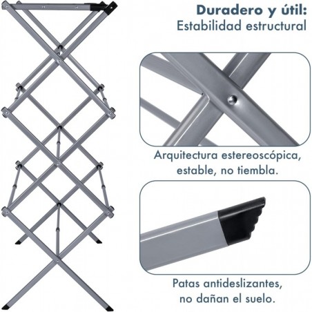 Tendedero Plegable Vertical Extensible T-LOVENDO 43-75 cm - 6 Niveles con 11 Barras Metálicas Robusto, Antideslizante y Compacto