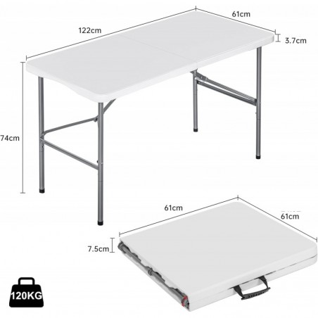 Mesa plegable camping portátil, jardín, catering Auxiliar y Rectangular 122x61cm Hasta 120kg de carga. Interior exterior
