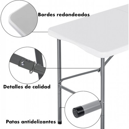 Mesa plegable camping portátil, jardín, catering Auxiliar y Rectangular 122x61cm Hasta 120kg de carga. Interior exterior