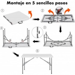 Mesa plegable camping portátil, jardín, catering Auxiliar y Rectangular 122x61cm Hasta 120kg de carga. Interior exterior