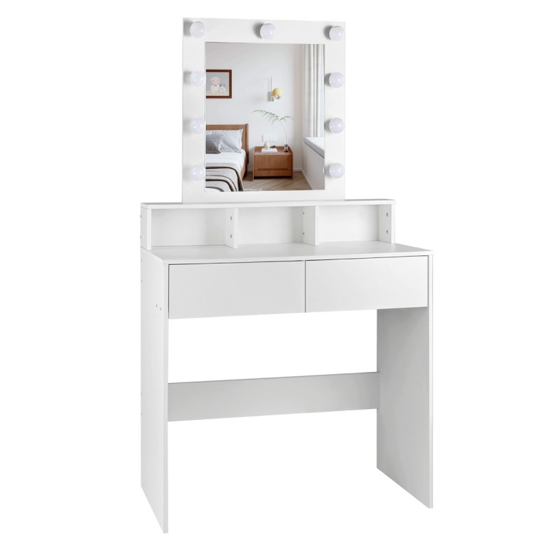 Tocador de maquillaje con Luz | Mueble tocador con Espejo 2 cajones y estantes de almacenamiento | Mesa de maquillaje