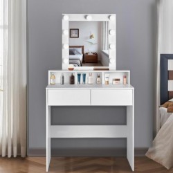 Tocador de maquillaje con Luz | Mueble tocador con Espejo 2 cajones y estantes de almacenamiento | Mesa de maquillaje