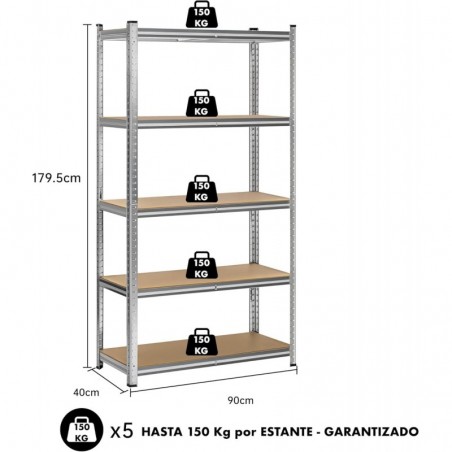 Estantería Metálica Almacenaje 2X Unidades de Acero Galvanizado + 5 Baldas MDF, 180 x 90 x 40cm, Modular, Baldas, Garaje