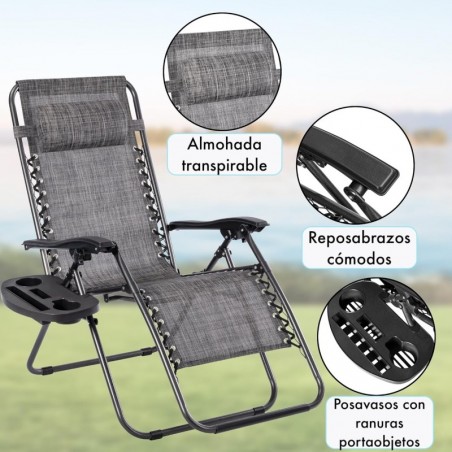 Pack 2 Tumbonas Plegables Gravedad Cero para Jardín, Playa y Piscina, Sillas Exterior Reclinables, Bandeja y Acero Anticorrosión